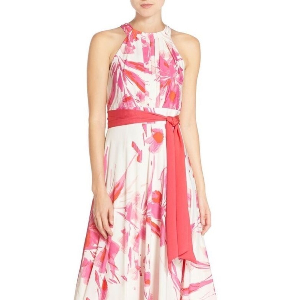 Eliza J Pink Floral Print Halter Maxi Gown Sz 4 P